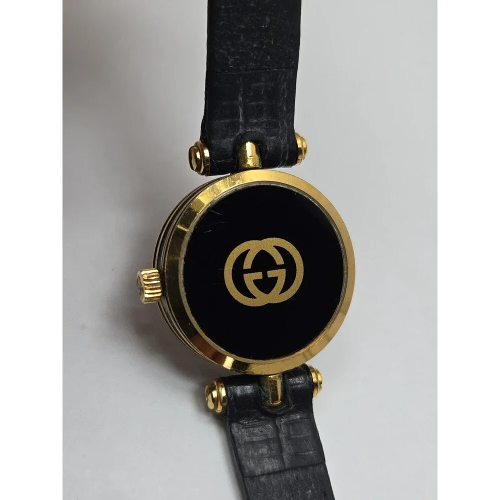 Vintage Gucci Womens Stack Gold Plated Black Dial Quartz Swiss Watch New Battery